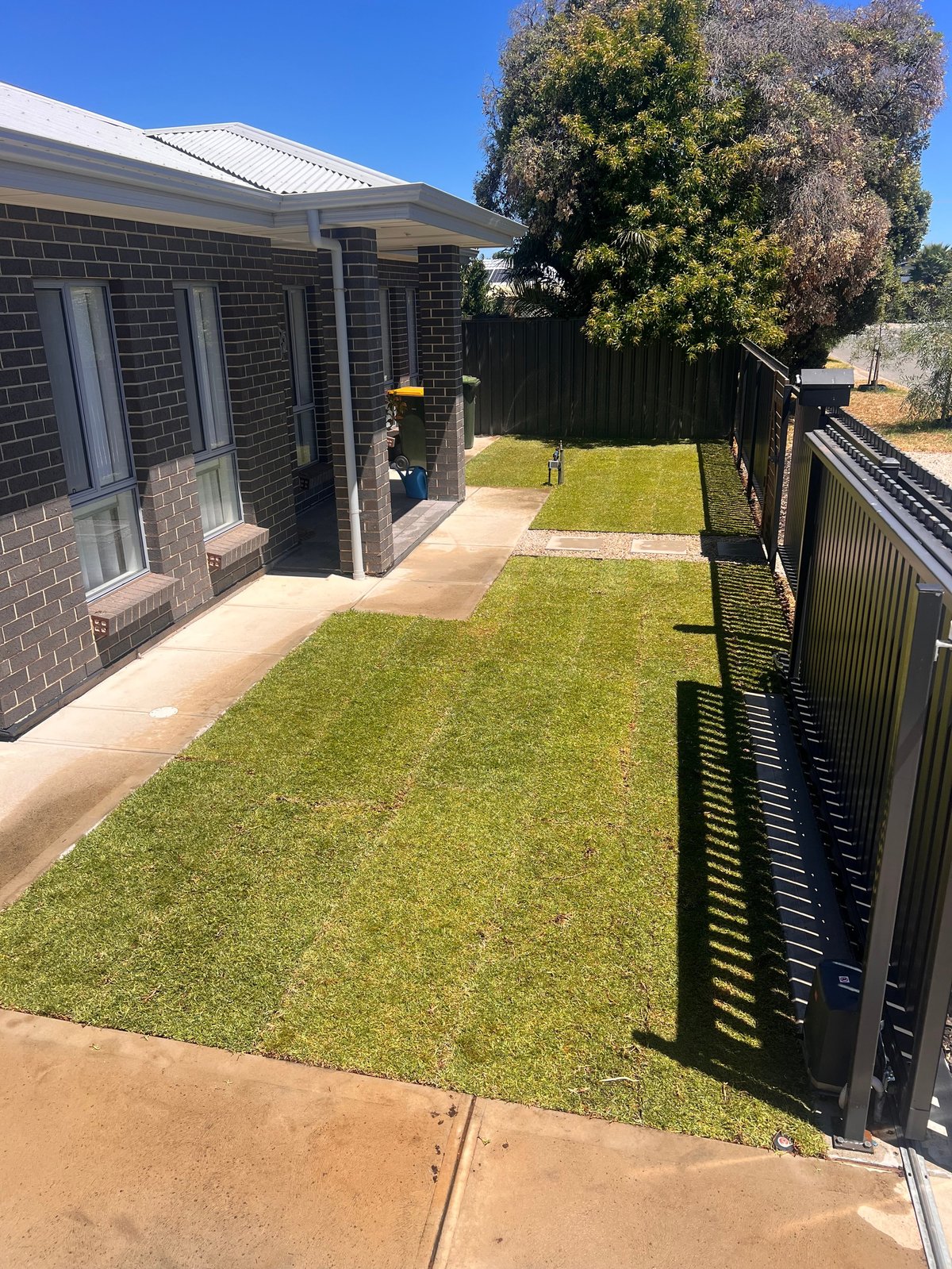 Modern brick house with manicured green lawn, black metal fence, and mature trees on a sunny day