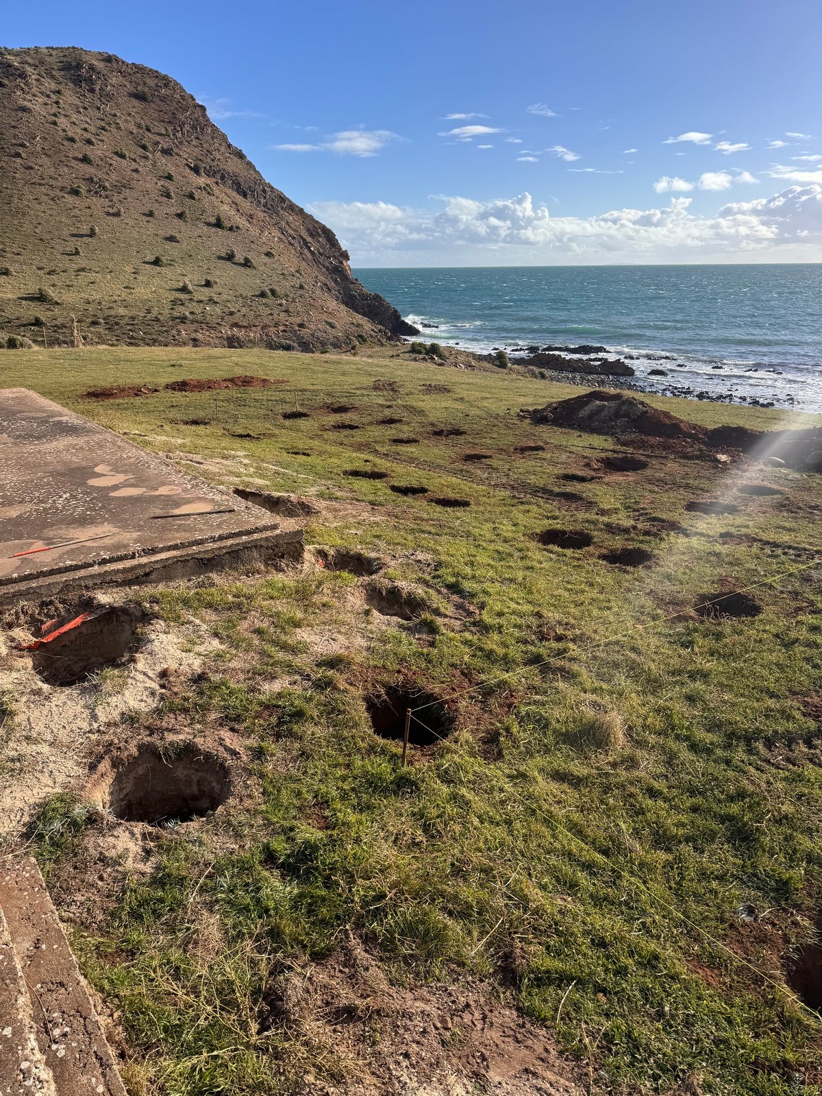 Coastal landscape with grassy slope, dark volcanic rock holes, and steep volcanic cliffs overlooking turquoise ocean and blue sky