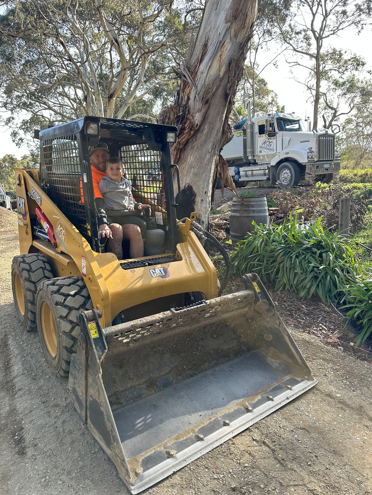 Yellow skid steer loader with operator in cage next to large tree, white truck visible in background